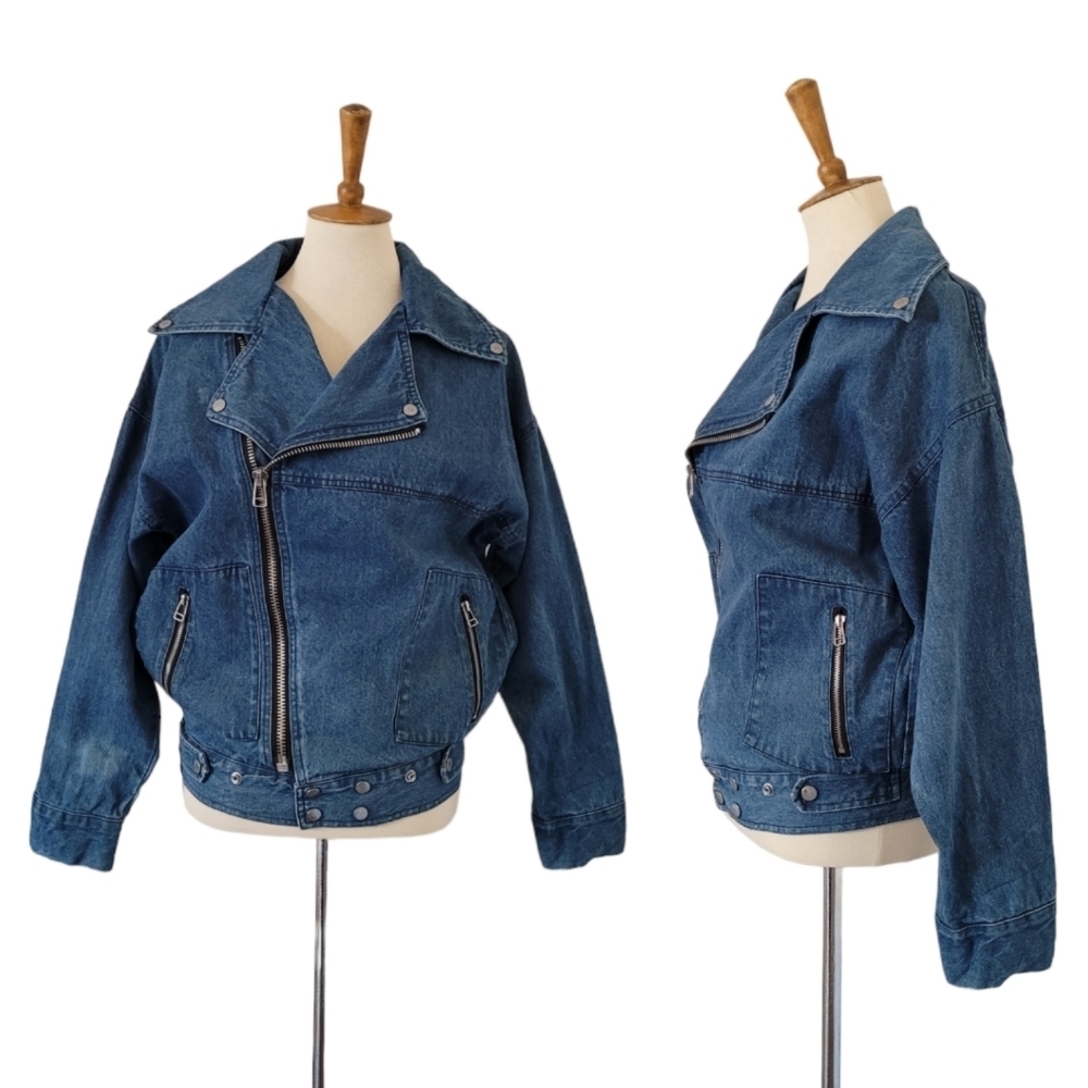80's Demin Distressed Biker Bomber Jacket